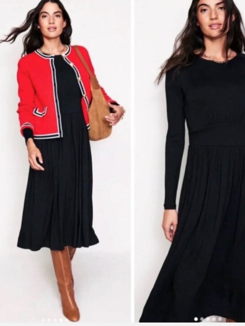 Boden Crew Neck Jersey Long Sleeve A-Line Midi Dress in Black Sz 10L ClassicCore